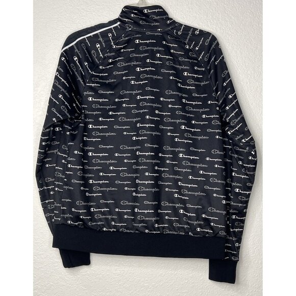 Champion Full Zip Track Jacket Sz L With Pockets Black All Over Print Arm Stripe - Picture 5 of 10